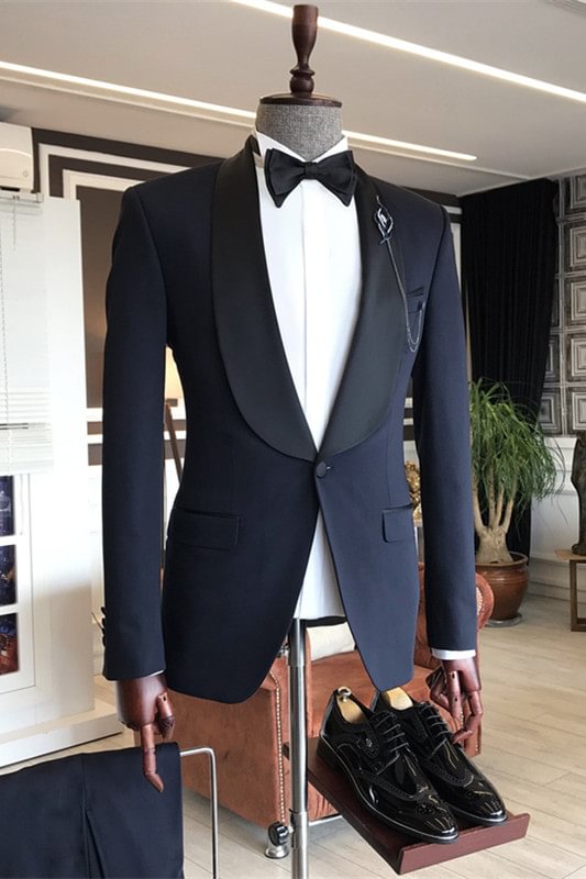 Popular One Button Dark Navy Fashion Shawl Lapel Wedding Men's Suits | Ballbellas Ballbellas