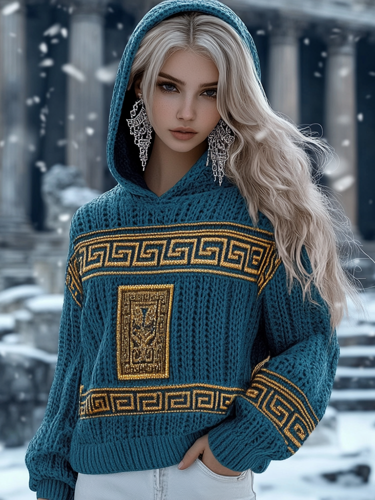 Vintage Greek Key Pattern Knitted Jacquard Hooded Sweater
