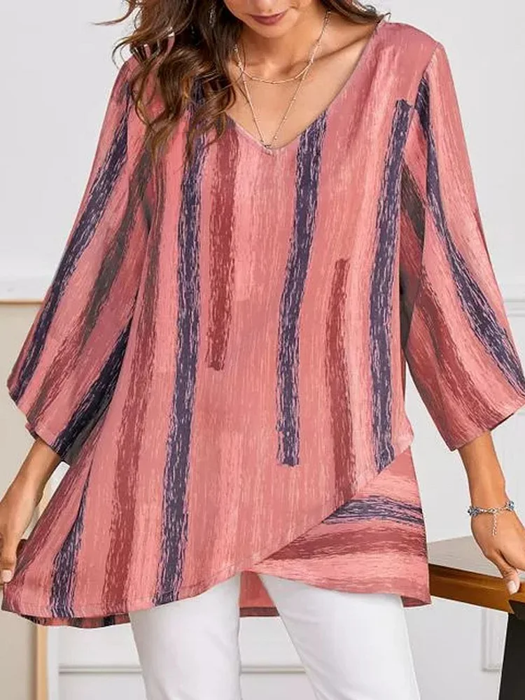 V-neck Stripe Print Irregular Hem Long-sleeved Blouse