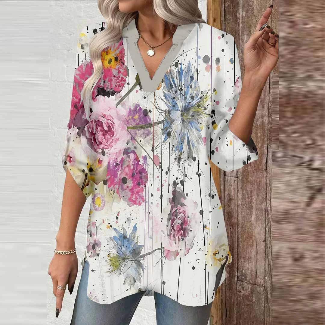 Women Floral,Ink Painting,Red DZGA0579 3/4 Sleeve V-neck Printed Graphic Button Tops