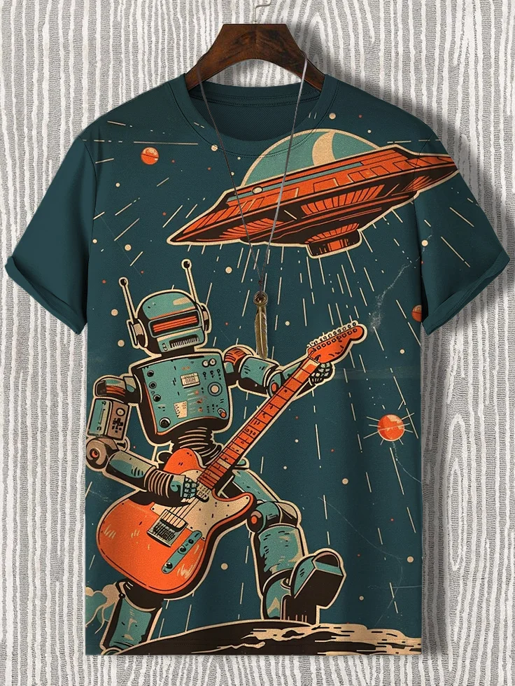 Men's Retro Space Geek Rock Music Robot UFO Print T-Shirt