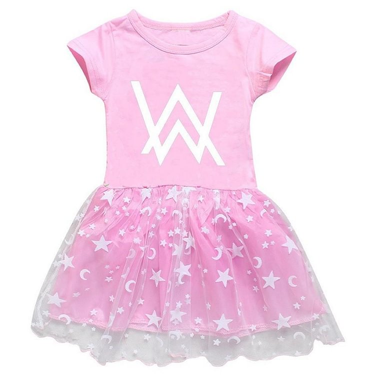 4-12 Years Girls Pink Purple Walker Print Moon Star Tulle Cotton Dress-Mayoulove