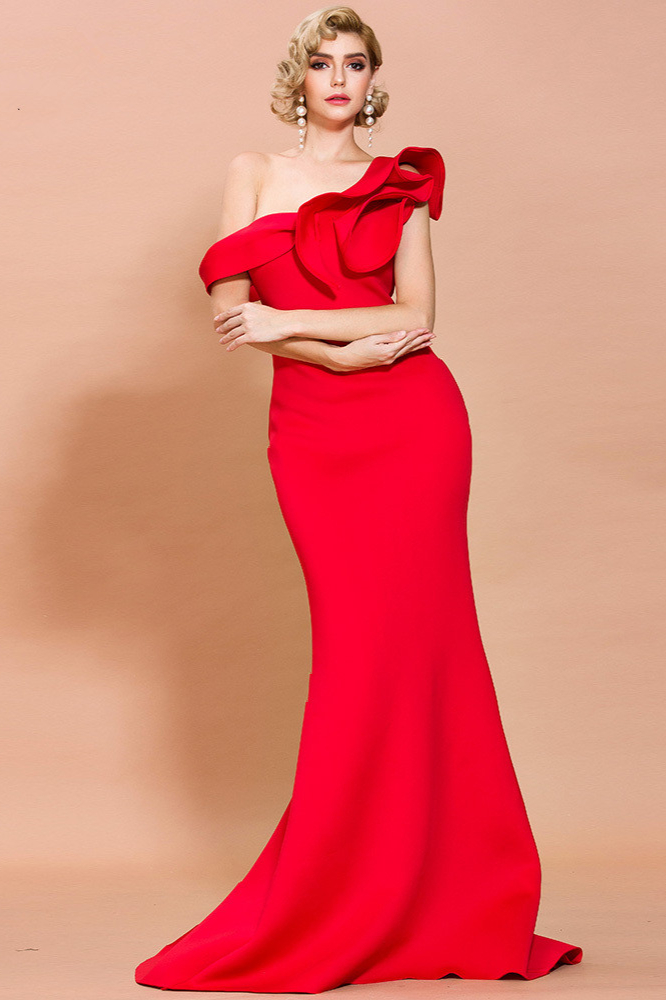Sexy Red Off-the-Shoulder Mermaid Prom Dress With Ruffles