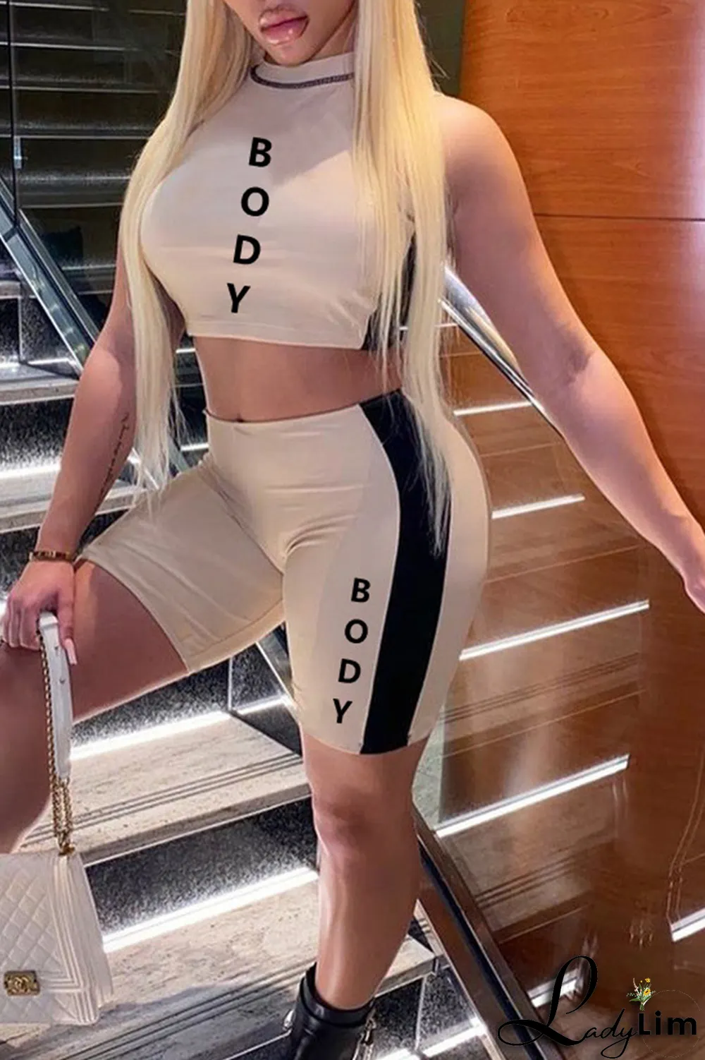 Red Fashion Print Letter Half A Turtleneck Sleeveless Two Pieces