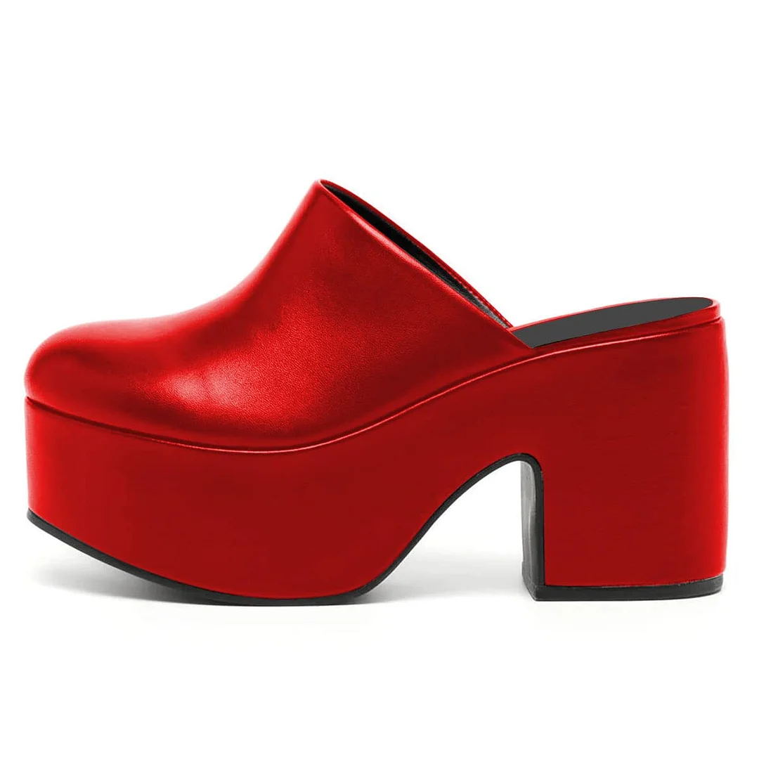 Red Block Heel Slip-On Round Toe Platform Mules for Women