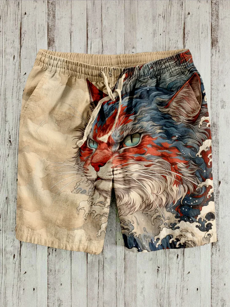 Japanese Great Wave Inspired Mysterious Cat Art Linen Blend Shorts