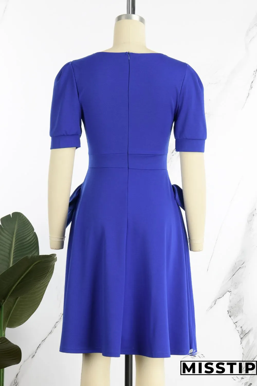 Orange Casual Solid Patchwork With Bow O Neck Short Sleeve Dress