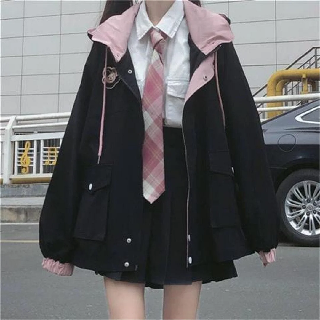 Lourdasprec 2023 Black Spring Hoodie Women Harajuku Kpop Jacket Loose Hip Hop Tops Autumn Pink Sweatshirt Zip Up Gothic Hoodie Streetwear