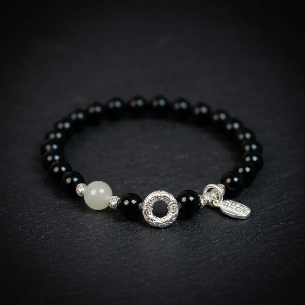 JiStones Obsidian & Nephrite Jade 'Serenity' Bracelet in S925 Sterling Silver Classic Single Strand (6mm)-Polished S925 Silver & Natural Gemstone
