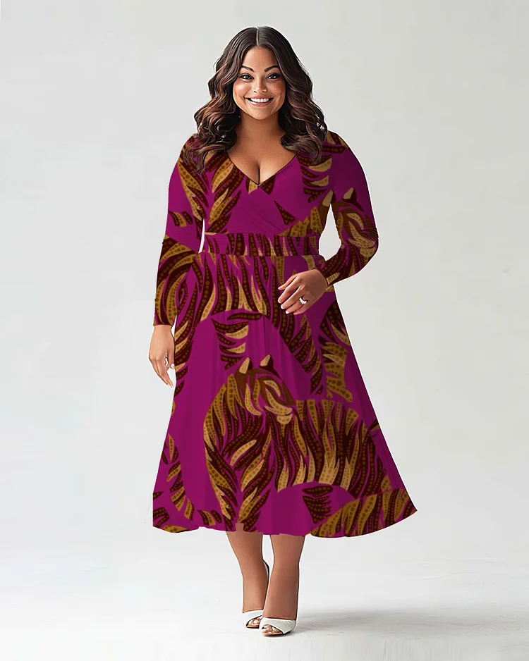 Plus Size Women's Chic Animal Print Long Sleeve V Neck Dress