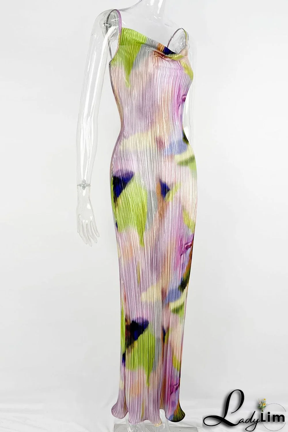 Apricot Red Sexy Print Patchwork Fold Spaghetti Strap Pencil Skirt Dresses