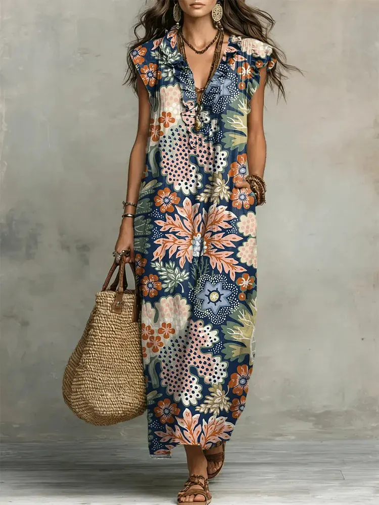 Women's Retro Floral Pattern Art Print Casual Ruffled Stylish Cotton Linen Dress