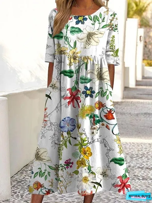Casual Round Neck Pocket Print Short Sleeve Dress