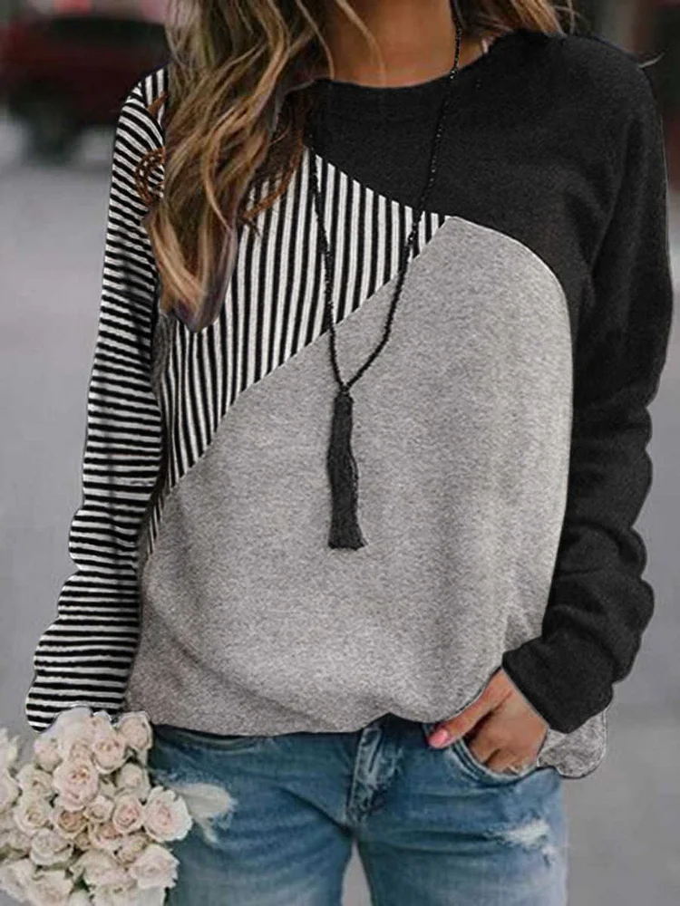 Cotton Blends Casual Striped Sweatshirts
