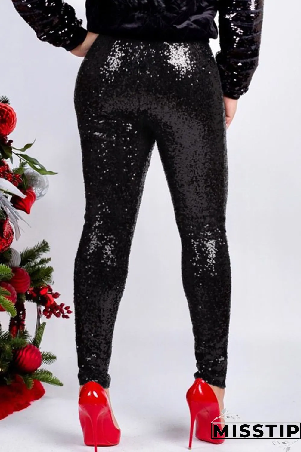 Red Fashion Party Solid Sequins Sequined Skinny Mid Bottoms