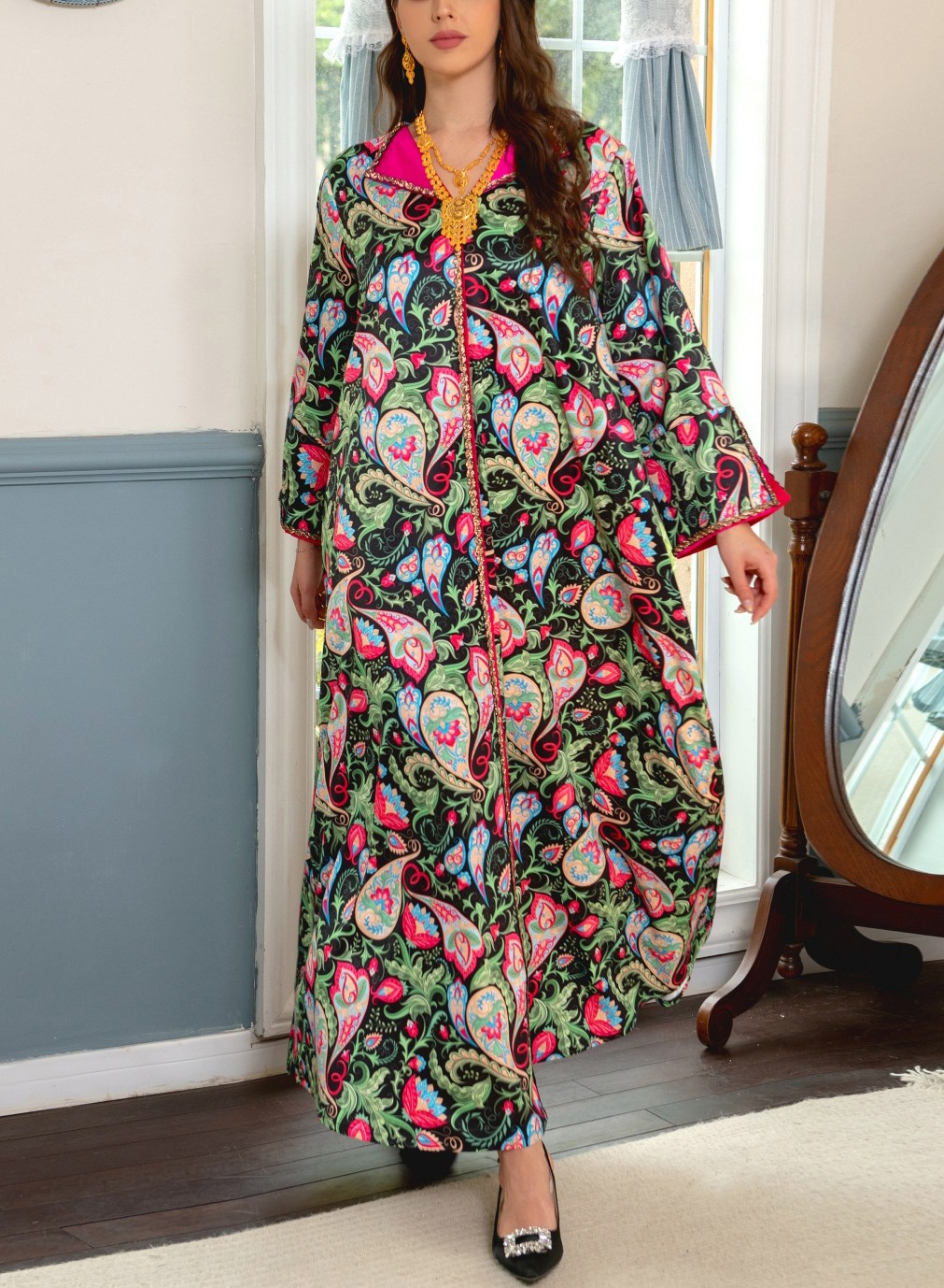 Floral Pattern Lapel Collar Long Sleeve Elegant Kaftan | Oxredo Shop Ramadan Sale