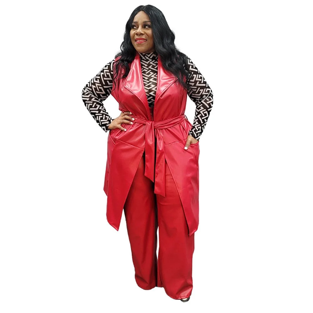 Pu Leather Women's Plus Size Sets Two Piece Set Winter Clothes Sleeveless Blazer and Pant Office Ladies Wholesale Dropshipping