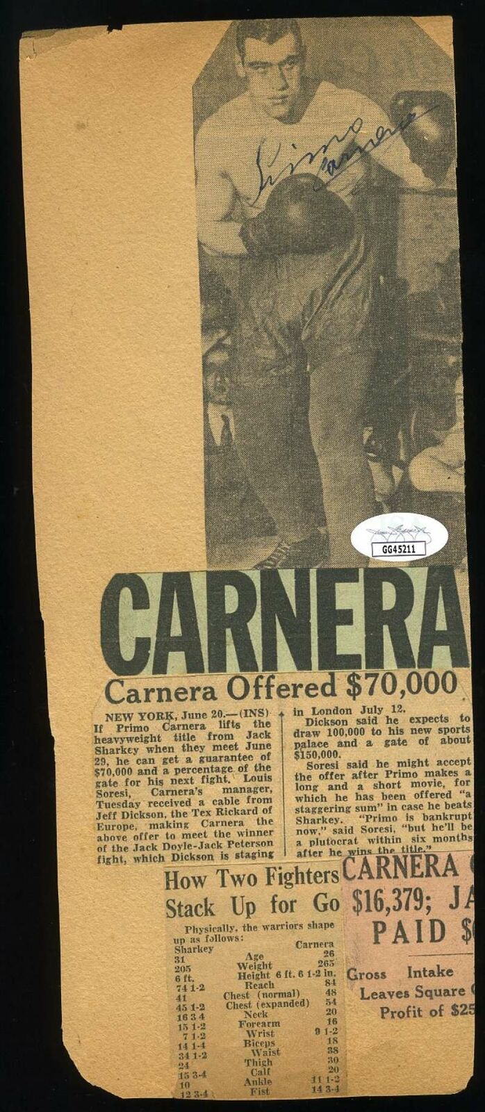 Primo Carnera JSA Coa Hand Signed 1930`s Photo Poster painting Cut Autograph