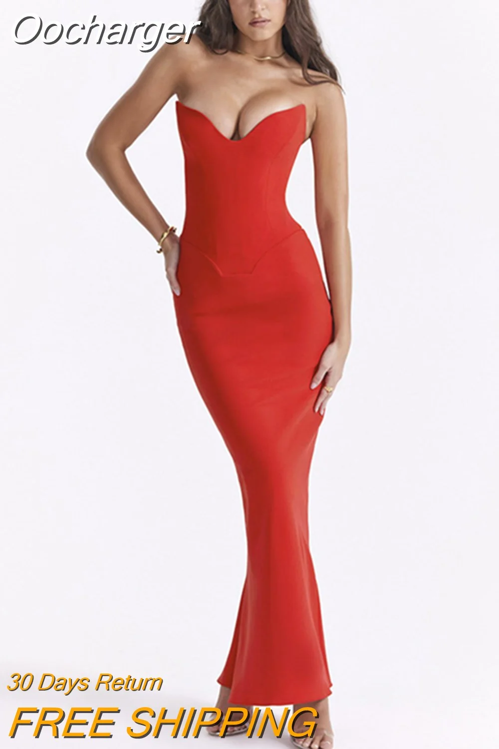 Oocharger Strapless Off-shoulder Sexy Maxi Dress For Women Gown Fashion Elegant With Fishbone Bodycon Night Club Party Dress