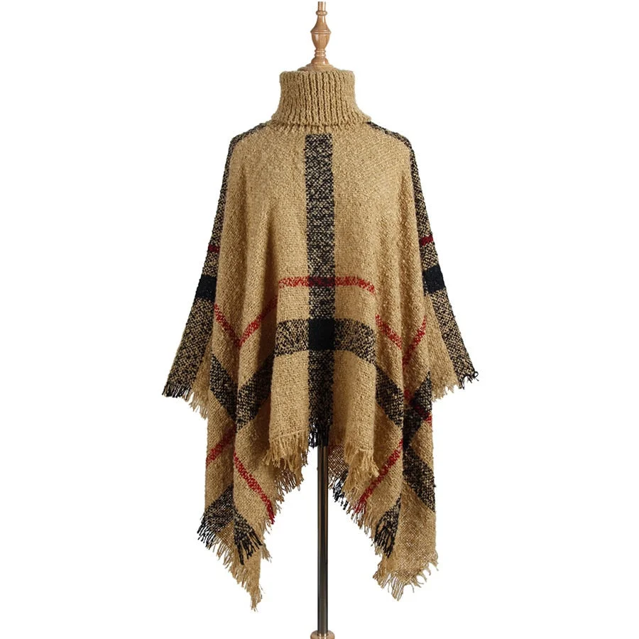 Fitshinling Bohemian Fringe Poncho Women Sweater Oversized Turtleneck Jumper Knitwear Holiday Vintage Cape Batwing Sleeve Ponczo