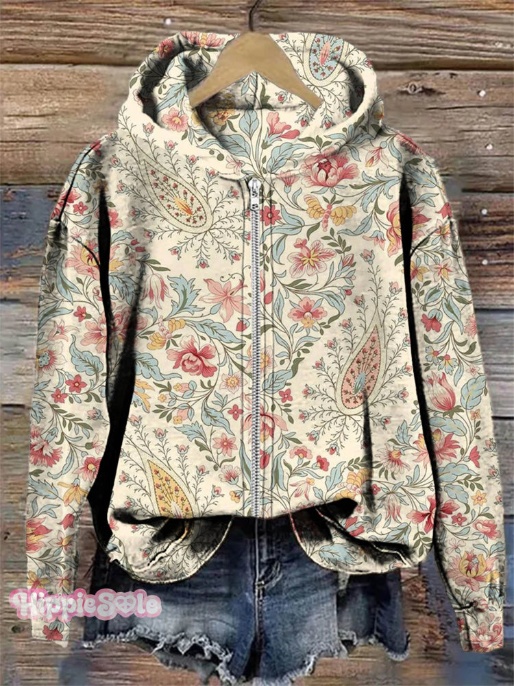 Retro Paisley Floral Print Casual Zip Hoodie Sweatshirt Multicolor / S