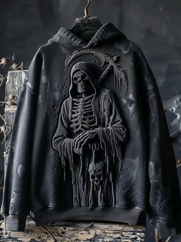 Reaper Skull 3D Graphic Halloween Print Hooded Sweatshirt