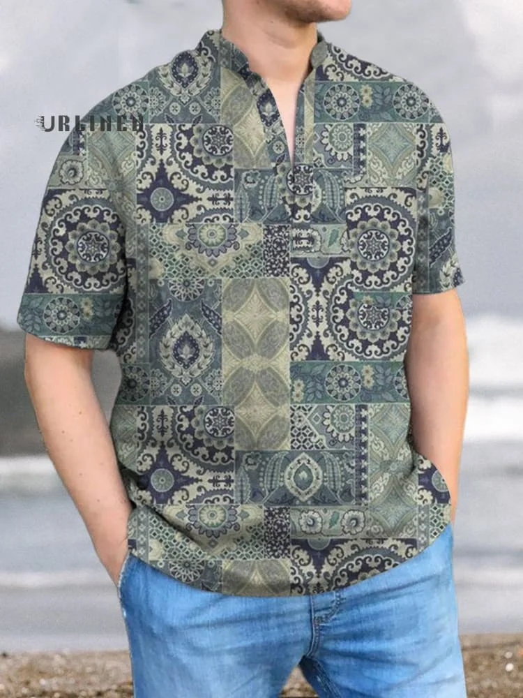 Checkered with Ethnic Motifs Vintage Print Casual 100% Cotton Shirt