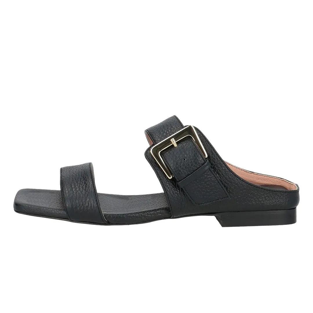 Elegant Square Toe Flat Buckled Slip On Black Sandals for Women