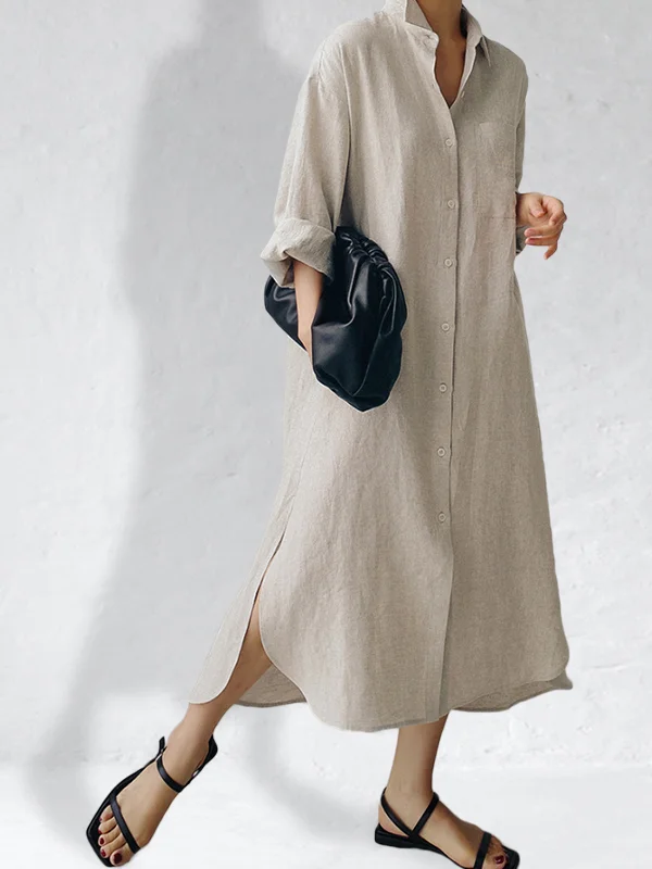 Side Slit Loose Fit Maxi Shirt Dress