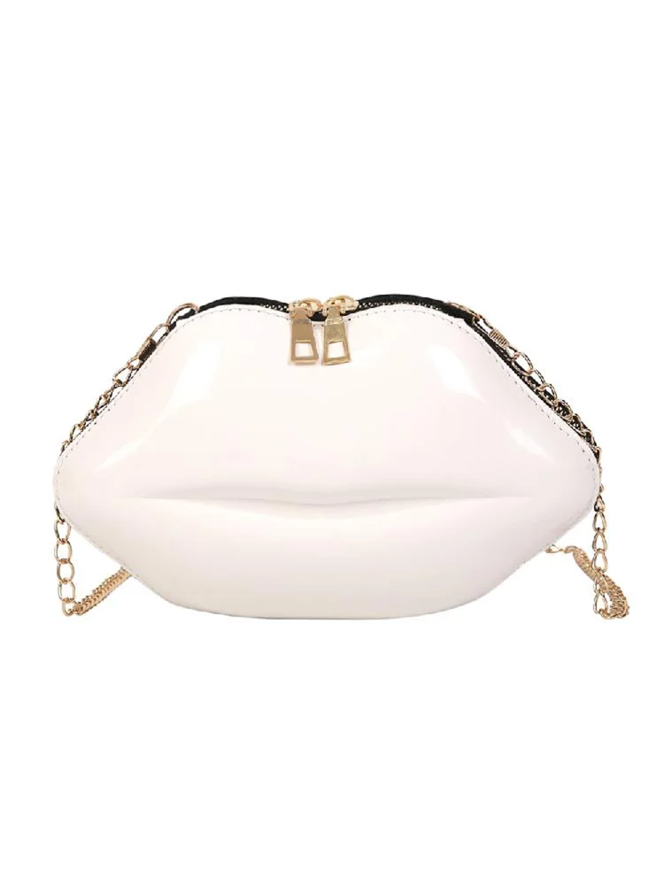 Lips Women PVC Handbags Chain Messenger Bags Shoulder Party Clutch (White)