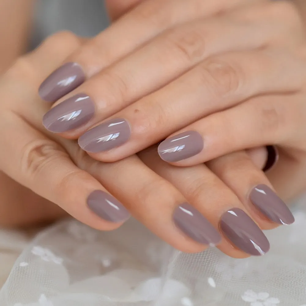 Pure Color Nails UV Polish Oval Faux Nails Light Taro Purple Glossy Nail Artificial Tips with Gluetabs 24pcs-Nail Inspo