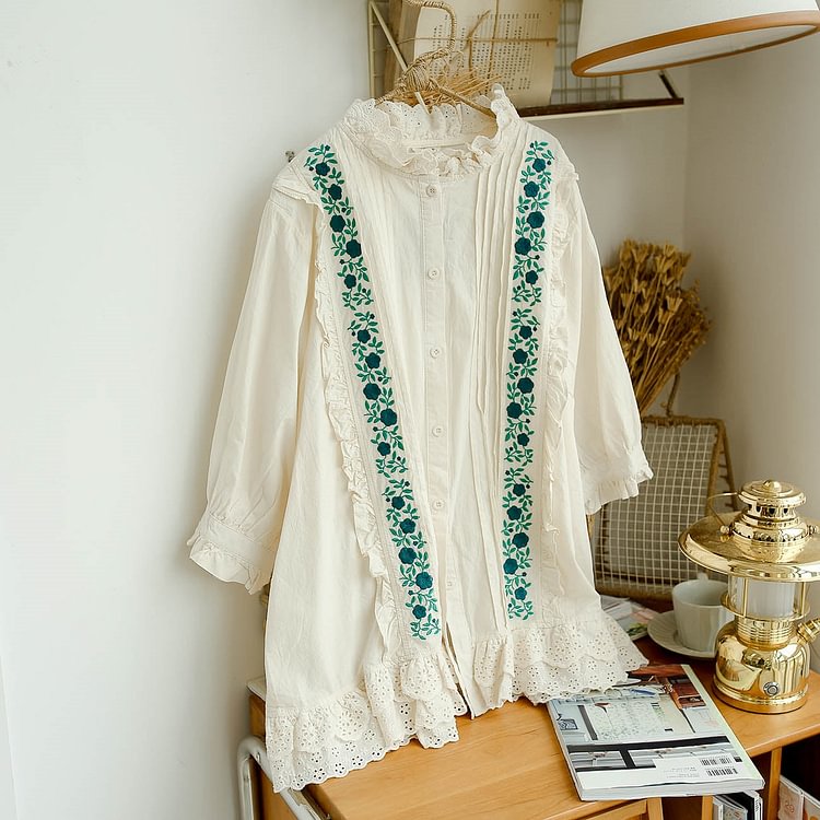 Queenfunky cottagecore style Lace Embroidered Blouse QueenFunky