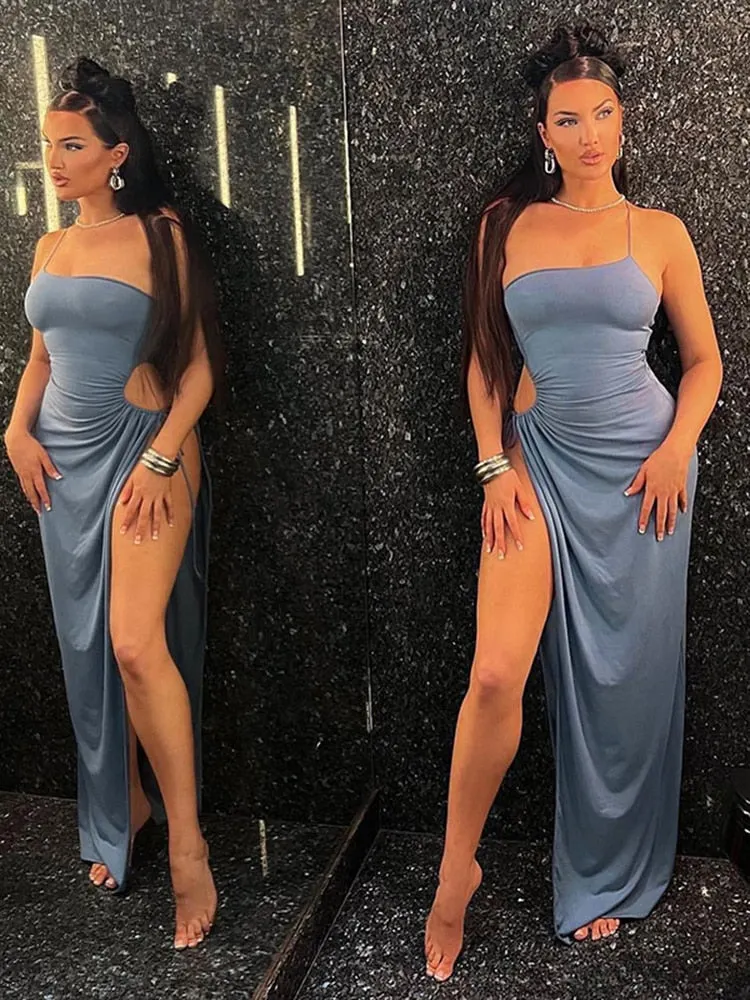 Sexy Off Shoulder Side High Split Maxi Dress Women Drawstring Sleeveless Solid Evening Party Club Elegant Slim Summer Sundress