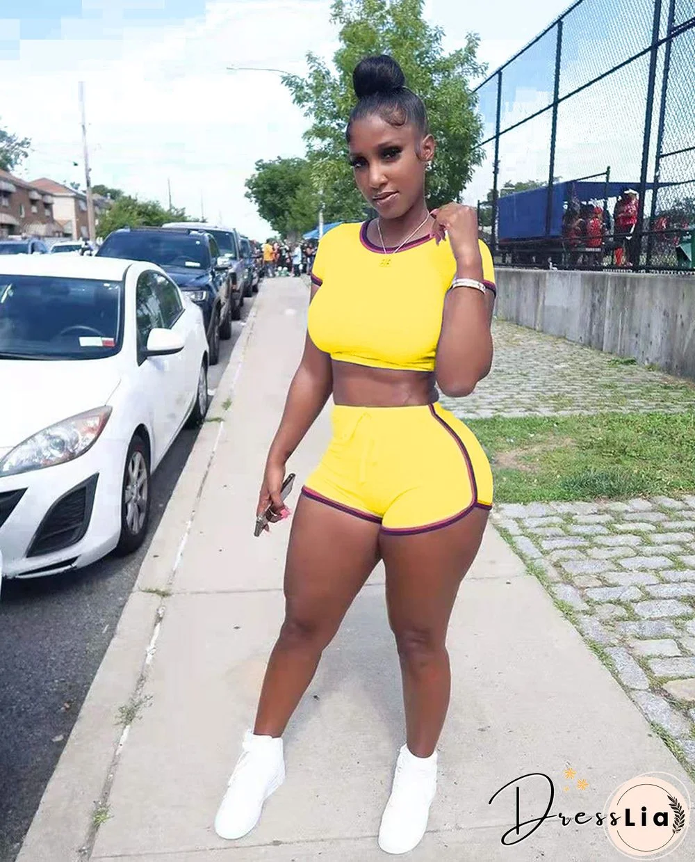 Spring Short-sleeved Crop Top Biker Shorts Two Piece Set