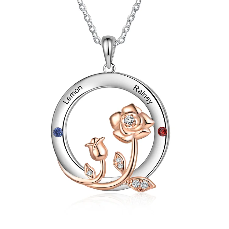 Rose Necklace Personalized 2 Birthstones Circle Necklace for Women