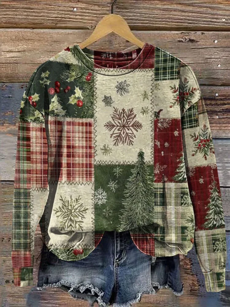 Women's Vintage Christmas Patchwork Art Print Casual Sweatshirt