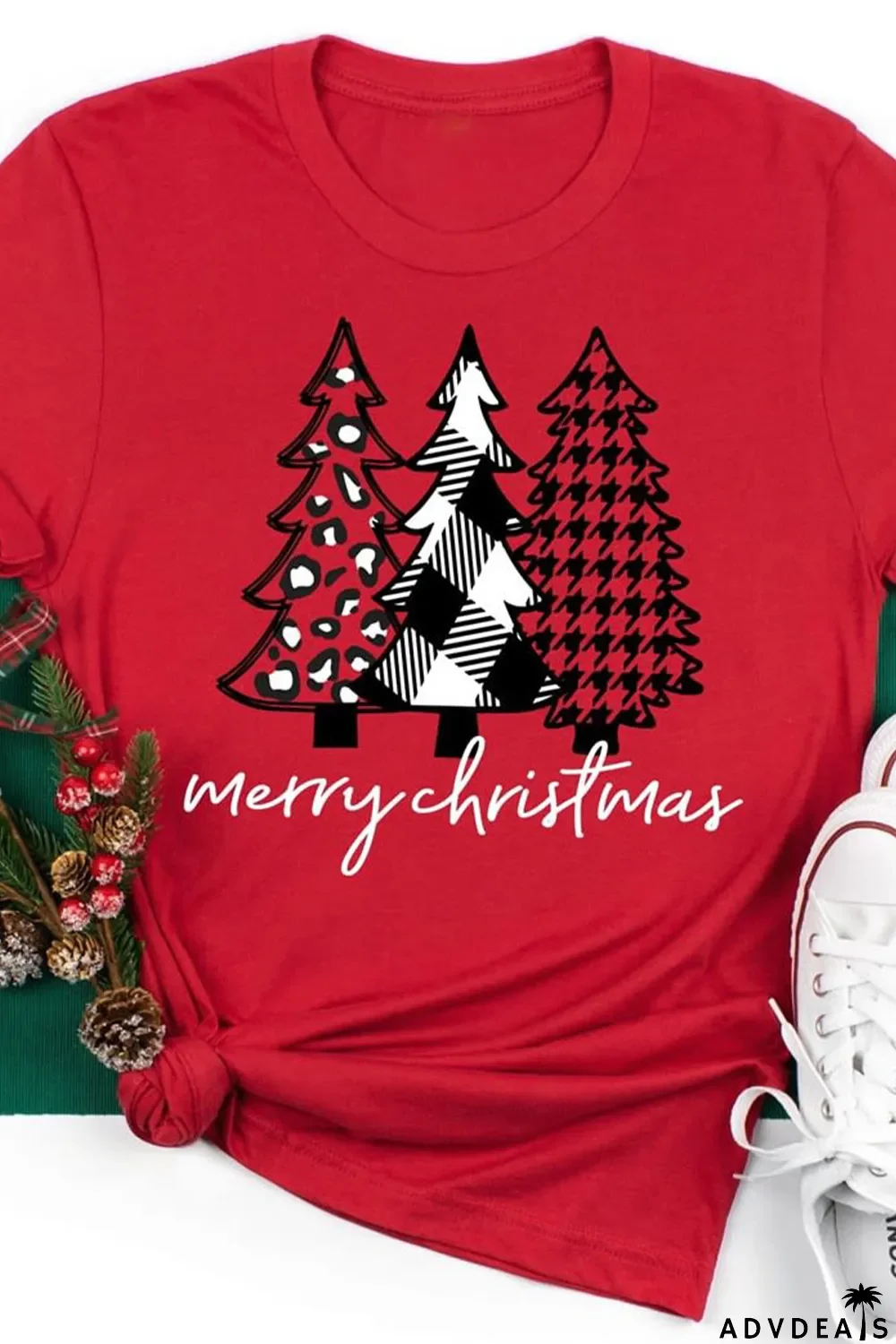 Red Merry Christmas Trees Graphic Print Short Sleeve T Shirt