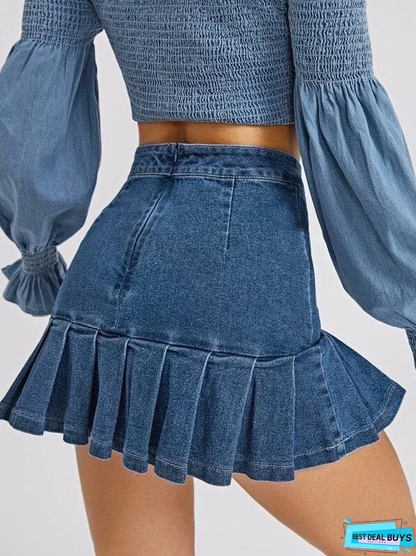 Zip Back Pleated Ruffle Hem Denim Skirt for Women