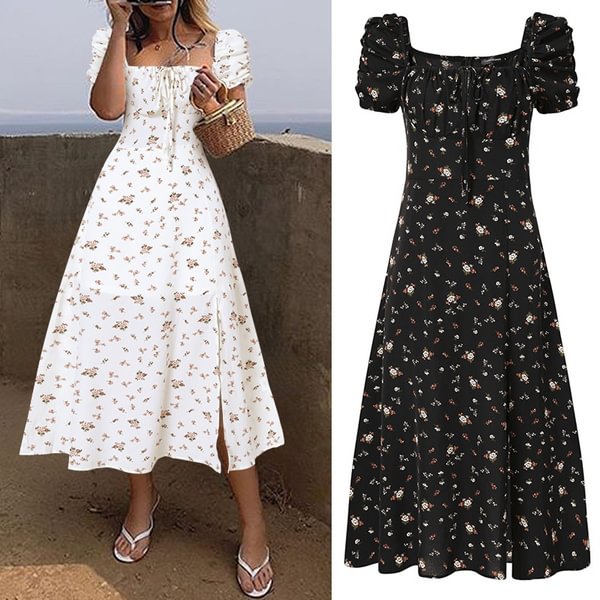 Women Summer Puff Short Sleeves Maxi Dress Floral Print Bohemian Square Collar Party Casual Long Dresses Plus Size - Shop Trendy Women's Clothing | LoverChic