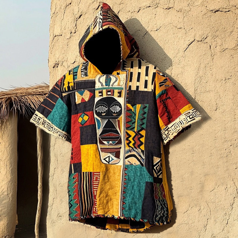 Men's Tribal African Masks Abstract Geometric Art Linen Hooded T-shirt