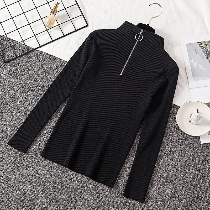 Pullover Women 2020 Fashion Zipper Turtleneck Knitted Sweater Casual Ribbed Knit Winter Tops Woman Sweaters Pullovers Knitwear