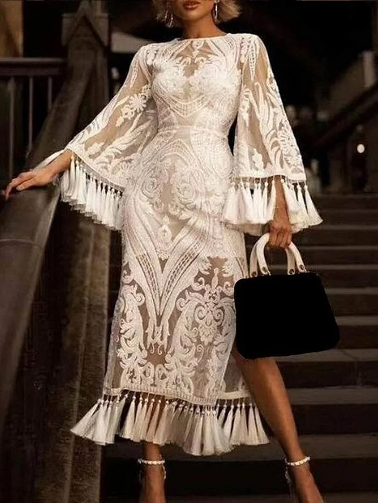 Elegant Lace Fringed Tassels Flare Sleeve Maxi Dress
