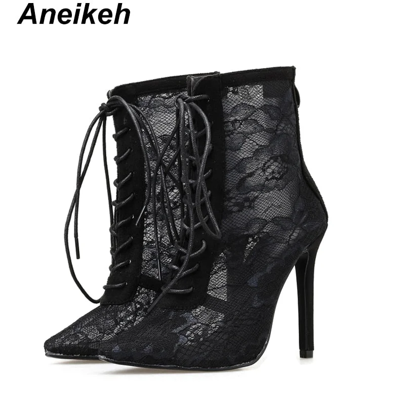 Aneikeh 2021 New Mature Mesh Women Boots Floral Lace-Up Thin High Heels Ankle Pointed Toed Party Wedding Shoes Black Size 35-40