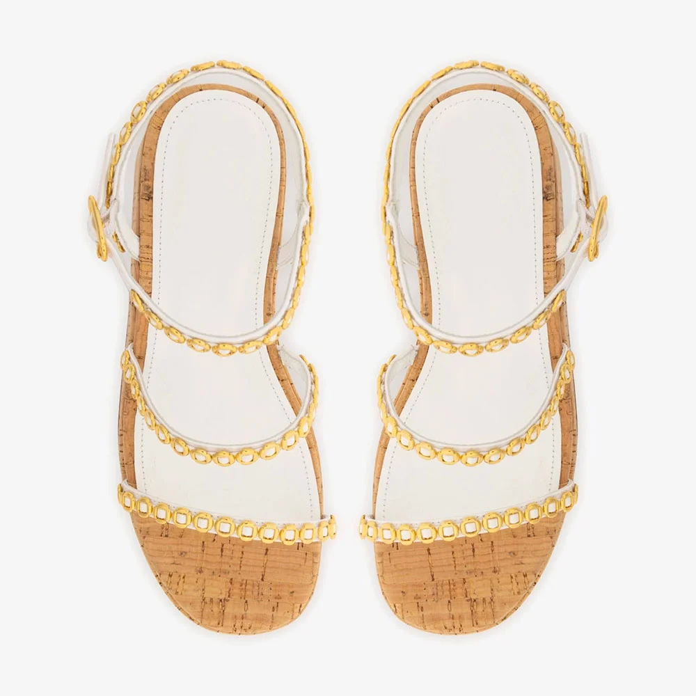 White Ankle Strap Wedge Heel Gold Hardware Platform Sandals for Women
