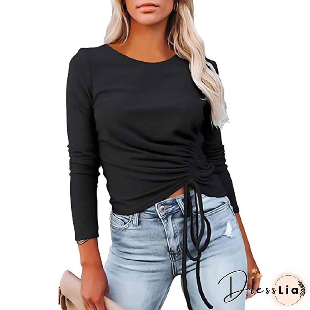 Office Lady Elegant Side Pleated Tops Women Stylish Long Sleeve Solid Color T-Shirt Round Neck Casual Slim Fashion Blouse D30