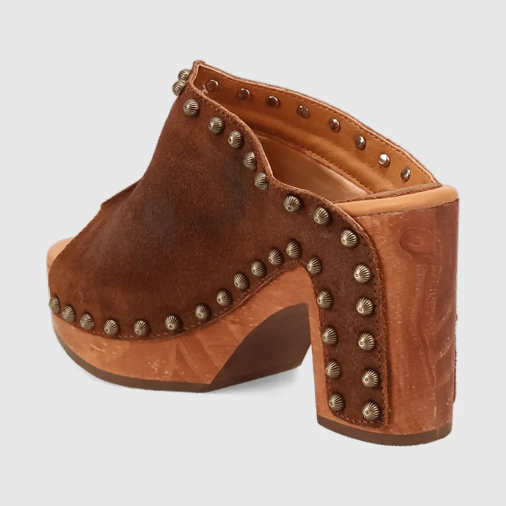 Peep Toe Block Heel Studded Clogs Brown Platform Slip On Sandals