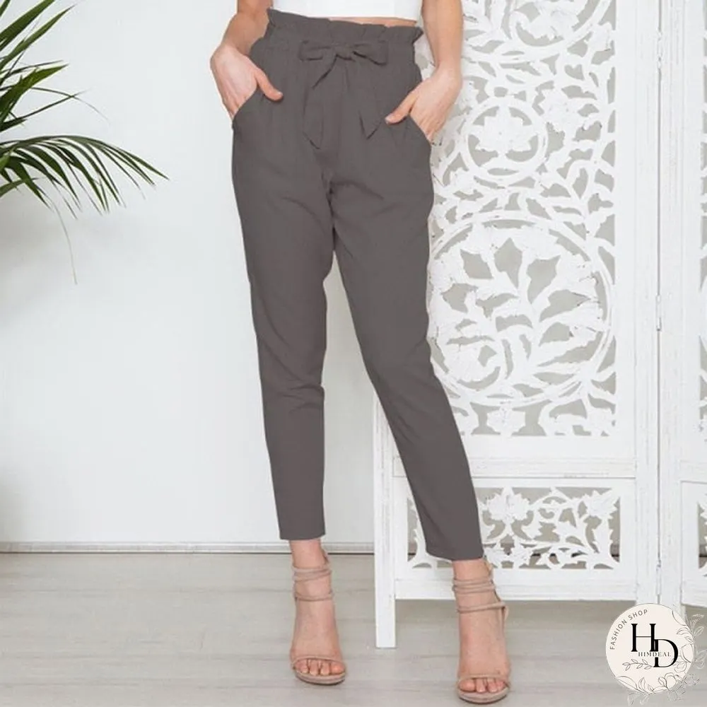 Loose Bow Tie Ruffles Women Pants Casual Solid High Waisted Belt Pocket Spring Women