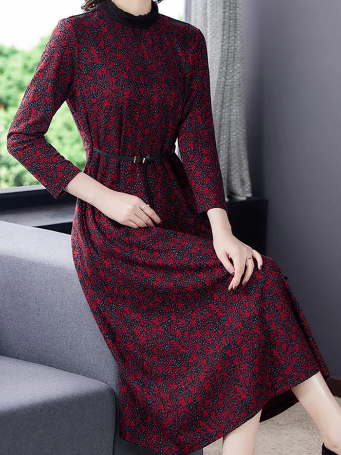 Fashion Floral Knit Mid-length Dress