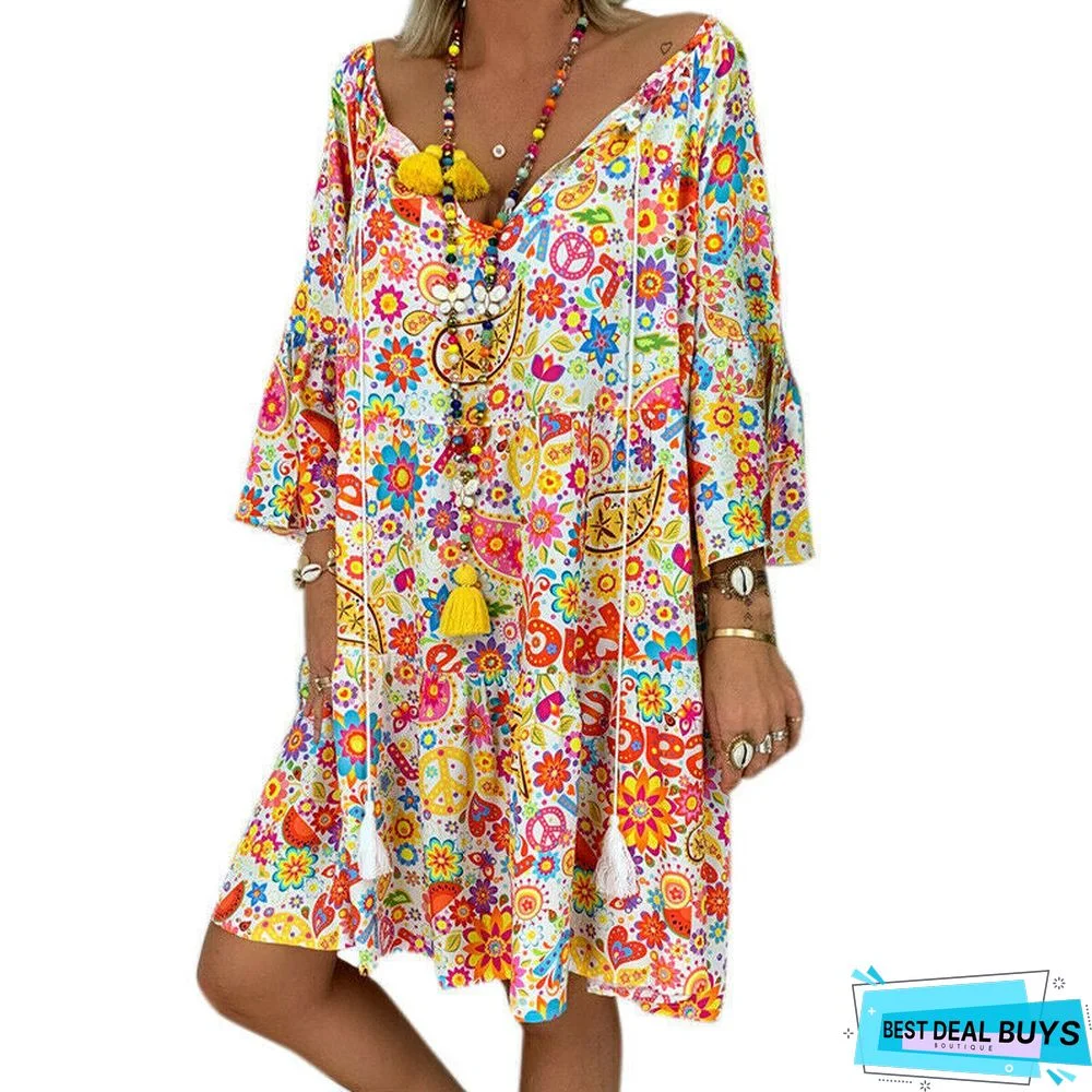 V-neck drawstring loose midi skirt dress