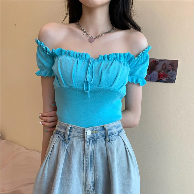 Uveng Uveng Short-Sleeved T-Shirt On The Shoulder Of The Female In Summer New Square Collar Draw Rope Wearing A Short Brooch Jersey